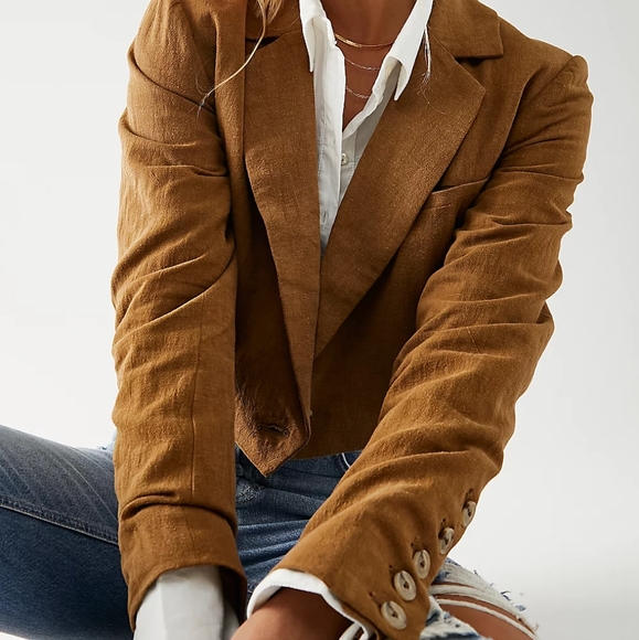 NWT Free People Olive Leaf Brown Coco Cropped Linen Blend Blazer XS - Picture 4 of 5